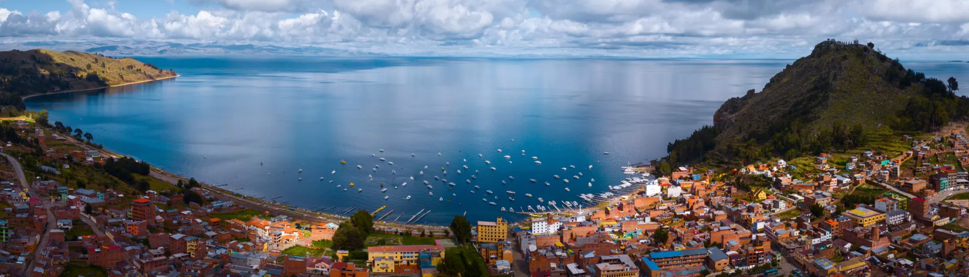 Panorama of Lake Titicaca and the city of Copacobana, Bolivia 