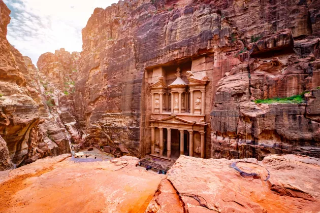 The magnificent and famous facade at Petra Jordan, the treasury or Al Khazna.