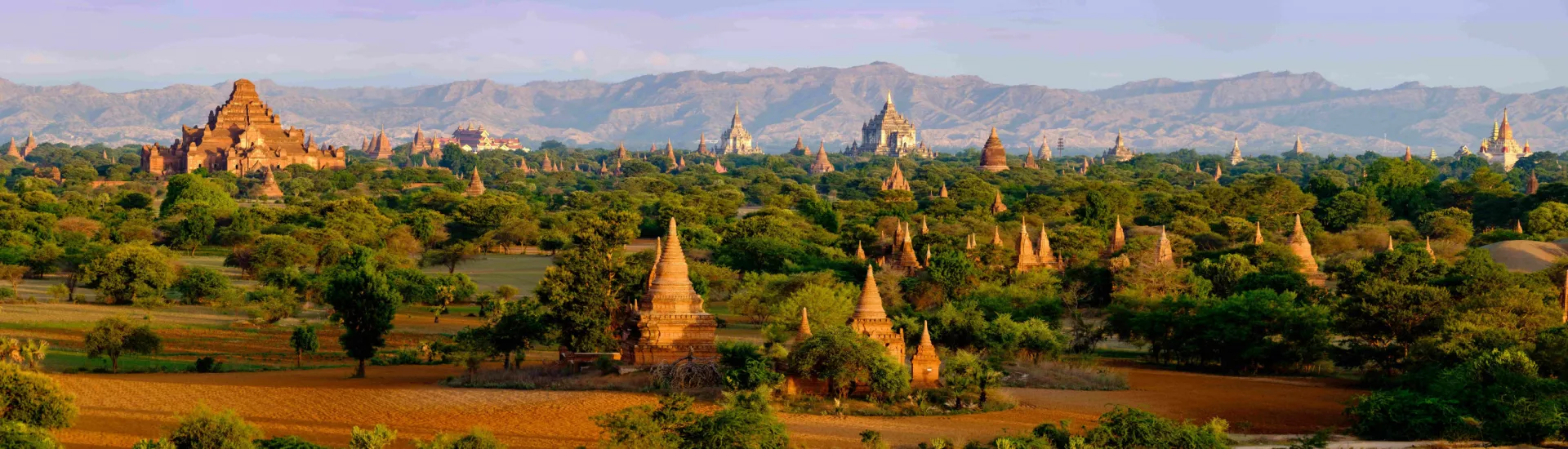 Panoramic landscape view of old temples in Bagan, Myanmar